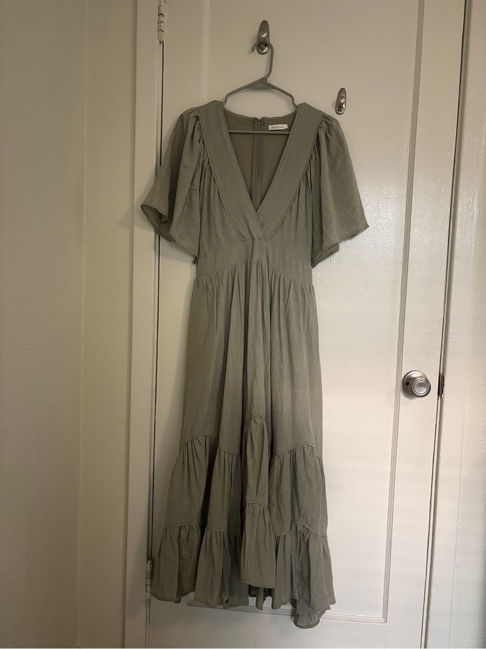 Neuflora Arabella V-Neck Tiered Maxi Dress in Light Sage Green